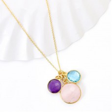 Rose chalcedony, Blue topaz and amethyst pendant necklace